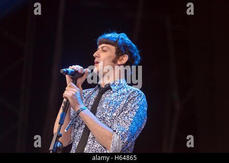 John Dagleish Ray Davis aus dem sonnigen Nachmittag Knicke Musical in eine besondere Leistung zu spielen; Das auf Blackheath Musikfestival Stockfoto