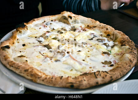 Weiße Pizza mit Champignons, gekochter Schinken, Büffel-Mozzarella-Käse und Sahne in Neapel, Kampanien, Italien Stockfoto