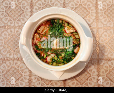 Köstliche Suppe Okroschka auf Kwas in Nahaufnahme fotografiert Stockfoto