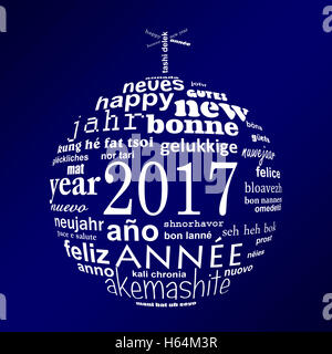 2017 Neujahr mehrsprachigen Text Wort Wolke Grußkarte in Form einer Weihnachtskugel Stockfoto