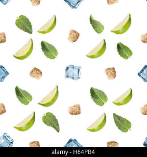 Nahtlose Muster Mojito Zutaten isoliert auf einem weißen Hintergrund. Limette, Minze, Zucker und Eiswürfel Stockfoto