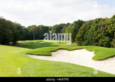 Golf Fairway und Bunkern auf der Wentworth Golf Club & Kurort, Virginia Water, Surrey, England, Vereinigtes Königreich Stockfoto