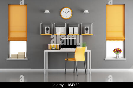Grau und orange modernen Arbeitsplatz mit kleinen Schreibtisch mit Laptop und zwei Windows - 3d rendering Stockfoto