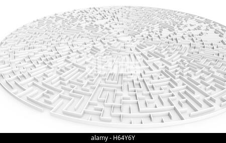 3D Rendering-Labyrinth, riesige Runde Labyrinth Vorlage auf weißen Boden isoliert Stockfoto