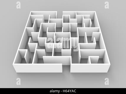 3D Rendering-Labyrinth, kleine quadratische Labyrinth Vorlage auf glänzende Boden isoliert Stockfoto