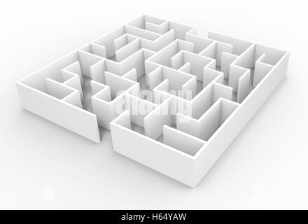 3D Rendering-Labyrinth, kleine quadratische Labyrinth Vorlage auf weißen Boden isoliert Stockfoto