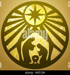 Heilige Familie christlichen Silhouette Symbol Vektor Illustration gold Hintergrund. Szene der Heiligen Schrift Stock Vektor