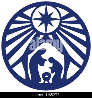 Heilige Familie christlichen Silhouette Symbol Vektor-Illustration blau auf weißem Hintergrund. Szene der Heiligen Schrift Stock Vektor