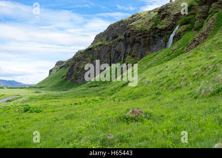 Seljalandsfoss ist 60m hoch und eines der bekanntesten Wasserfälle Islands Stockfoto