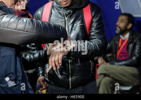 Calais, Frankreich. 24. Oktober 2016. Ein Beamter stellt ein Armband an einer der Flüchtlinge. Der erste Tag der Registrierung und Verteilung der Flüchtlinge aus dem Dschungel in Calais hat gesehen, dass 1631 Flüchtlinge in 39 Busse von 16:00 an mehreren Orten in Frankreich verteilt wurden. Stockfoto