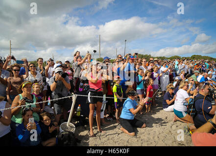 Florida, USA. 25. Oktober 2016. Menschenmengen säumen den Strand zu beobachten und zu fotografieren, wie Loggerhead Marinelife Center fünf Meeresschildkröten nach Hause bis zum Atlantischen Ozean Dienstag, 25. Oktober 2016 veröffentlicht. '' Es ist das größte Meeresschildkröte, die wir je hatten, '' sagte unechte President und CEO Jack Lighton. '' Wir sind wirklich begeistert. Und es ist gutes Timing. Wir hatten nur drei weitere über das Wochenende kommen.'' Die Schildkröten, die heute veröffentlicht wurden: Shertz, einer juvenilen unechten, die nach der großen Meeresschildkröte Kälte-atemberaubende Veranstaltung in 2015 Kredit aus dem New England Aquarium übertragen wurde: ZUMA/Alamy Live News Stockfoto