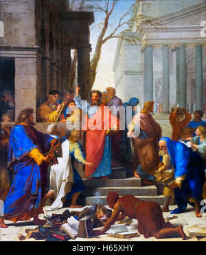 Die Predigt von Paulus in Ephesus (La Prédication de Saint Paul À Éphèse) von Eustache Le Sueur, Öl auf Leinwand, 1649.  Paulus sieht man Predigt während Bücher über Zauberei im Vordergrund verbrannt sind. Stockfoto