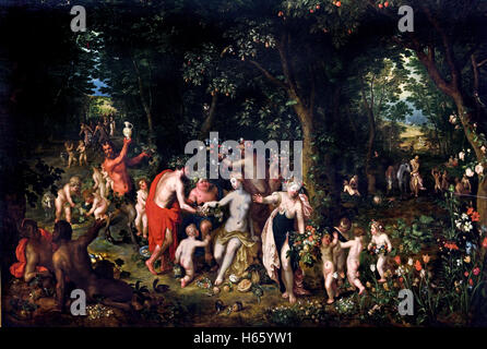 Das Fest des Bacchus von Jan Brueghel der jüngere 1601-1678 flämischen Belgien Belgien (Bacchus ist der römische Name für Dionysos, der Gott des Weines und Intoxikation.) Stockfoto