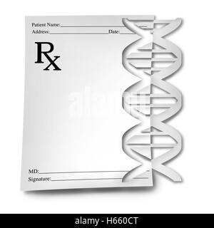 Das Papier geschnitten DNA Medizin medizinisches Konzept als eine genetische verschreibungspflichtigen Medikamenten mit einem Arzt Notizpapier als Helix mit einem Genom-Symbol als eine 3D Darstellung. Stockfoto