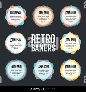 Isolierte abstrakte leuchtend bunte Runde Form-Logo auf dem schwarzen Hintergrund gesetzt. Werbung Banner Logos Sammlung. Ungewöhnliche informative Aufkleber Gruppe. Web Vorlagen Zeichen. Vektor-Illustration. Stock Vektor
