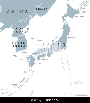 Koreanische Halbinsel und Japan Ländern politische Karte mit Ländergrenzen und Inseln. Nationen in Ostasien. Englisch beschriften. Stockfoto
