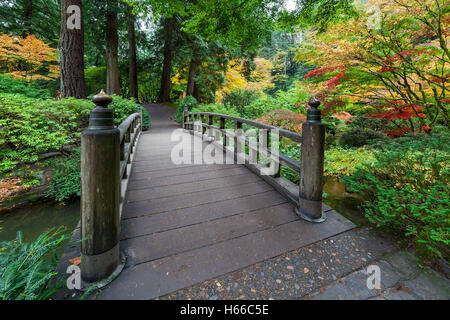 Herbstfarben von der Fussgängerbrücke im japanischen Garten im Herbst Stockfoto