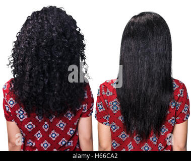 Weibliche Rücken mit Haaren vor und nach der Begradigung auf weißem Hintergrund Stockfoto