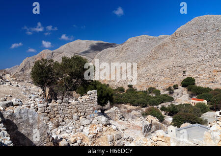 Die Wüstung oder Chorio, Chalki Insel in der Nähe von Rhodos, Dodekanes, Griechenland. Stockfoto