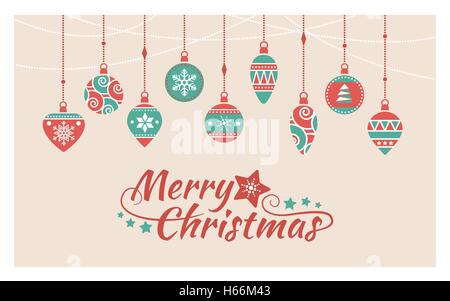 Bunte Retro-Weihnachtskugeln hängen Perlen Strings, Vintage Weihnachtsbanner Stock Vektor