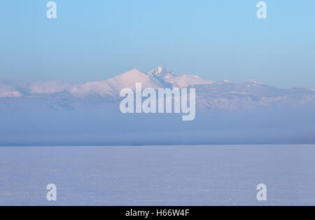 Nebel setzt sich auf die verschneite Landschaft mit Longs Peak an einem Wintermorgen mit Schnee bedeckt Stockfoto