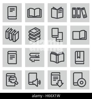 Vektor schwarze Linie Buchsymbole setzen auf grauem Hintergrund Stock Vektor