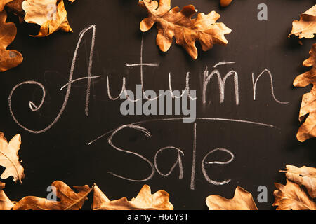 gelbe Blätter und die Inschrift im Herbst auf einer Tafel. Stockfoto