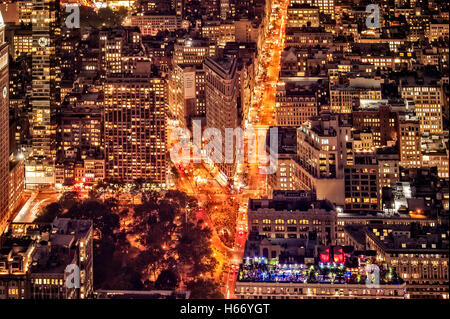 Ansicht des Flatiron District vom Empire State Building, Manhattan bei Nacht, Flatiron Building, 230 fünfte Bar auf dem Dach, NYC Stockfoto