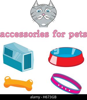 Vektor-Cartoon-Zubehör für Tiere. Katze, Schüssel, Kragen, Träger Tier, Knochen Stock Vektor