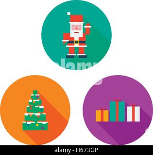 Vektor-Frohe Weihnachten-Icon-Set. Flache Pixelkunst. Stock Vektor