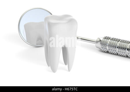 Dental Konzept, Mundspiegel und Zahn, 3D rendering Stockfoto