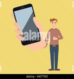 Gut aussehender Mann hält Smartphone und zeigt Stock Vektor