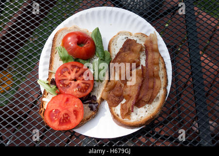 Speck, Salat und Tomate BLT Sandwich öffnen konfrontiert, auf einem offenen Gitter Tisch draußen serviert. Clitherall Minnesota MN USA Stockfoto