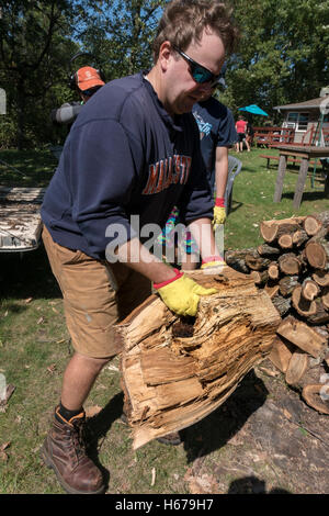 Mann-Stämme Holzstapel schweres Stück Brennholz hinzu. Clitherall Minnesota MN USA Stockfoto