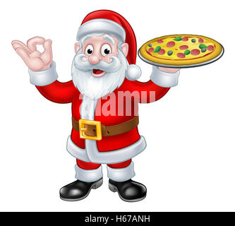 Santa Claus Weihnachten Cartoon-Figur ein okay oder perfekte Zeichen und Halteplatte Pizza Stockfoto