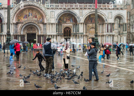 Touristen und Tauben in Markusplatz entfernt, Venedig, Italien Stockfoto