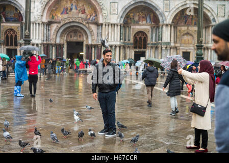 Touristen und Tauben in Markusplatz entfernt, Venedig, Italien Stockfoto