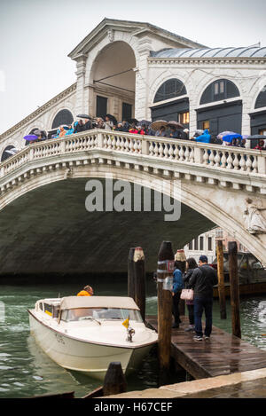 Die Rialto-Brücke (Ponte di Rialto) am Canal Grande in Venedig Stadt in regnerischen Herbsttag, Venedig, Italien, Europa Stockfoto