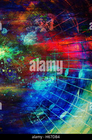 Noten und Musik-Linien, die sich aus den spot, mehrfarbige Grafik Collage. Stockfoto