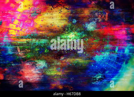 Noten und Musik-Linien, die sich aus den spot, mehrfarbige Grafik Collage. Stockfoto