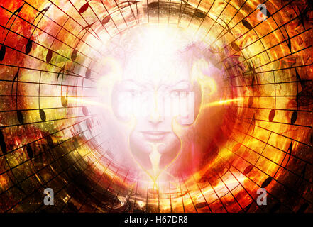 schönes Gesicht des mystischen Wesen mit Musik Noten, Symbol für die Muse der Musik mit Phoenix Vögel Zeichen auf Kopf im Raum. Stockfoto