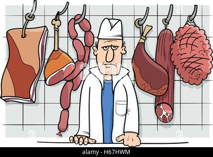 Cartoon Illustration der Metzger in seinem Geschäft mit Fleisch essen Objekte Stock Vektor