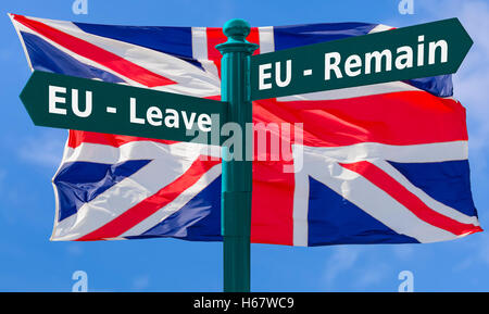 Brexit Schild. EU verlassen oder bleiben Konzept der EU unterzeichnen, gegen eine Union Jack Flagge. Brexit Konzept. EU-Referendum. Europäischen Referendum. Brexit stimmen. Stockfoto