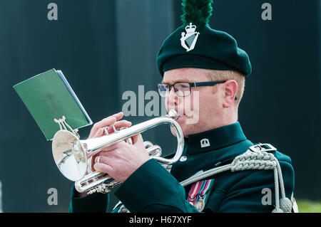 Carrickfergus, Nordirland. 23. Mai 2015 - spielt ein Mitglied der Royal Irish Regiment Band Trompete im Rahmen einer Feierstunde. Stockfoto
