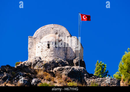 Ruinen von ehemaligen griechischen Dorf Kayaköy in der Türkei, 1922 aufgegeben, heute ein Museum und auch die Geisterstadt. Stockfoto