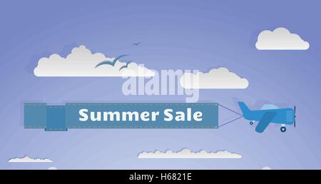 Cartoon-Flugzeug mit Banner unter Himmel und Wolken fliegen. Stock Vektor