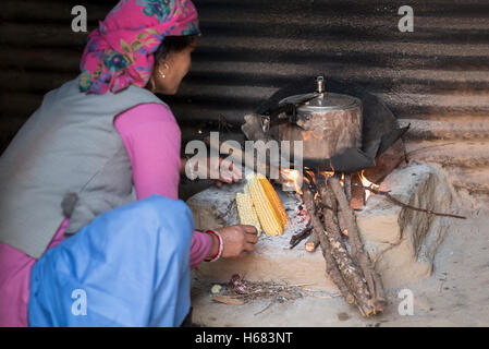 Frau, Kochen auf Holzfeuer Stockfoto