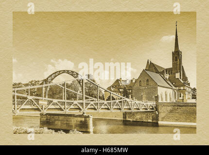 Kathedrale-Brücke. Auf der Dominsel ist die Kreuzkirche, Wroclaw, untere Woiwodschaft Schlesien, Polen, Europa Stockfoto