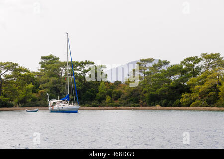 Eine Yacht verankert am Strand einer türkischen bewaldeten Insel. Stockfoto