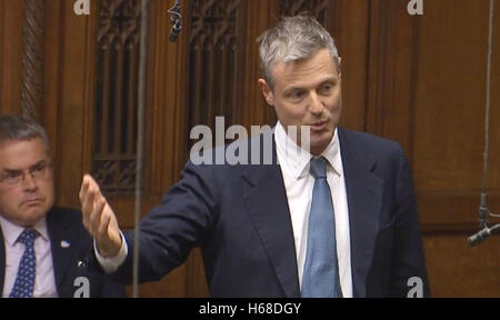 Zac Goldsmith spricht nach einer Erklärung von Verkehrsminister Chris Grayling am Ausbau des Flughafens in das House Of Commons in London, wie eine dritte Start-und Landebahn am Flughafen Heathrow von der Regierung grünes Licht gegeben hat. Stockfoto